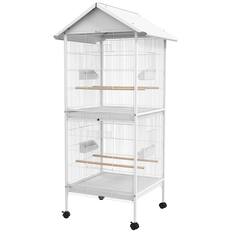 Front. Pawhut - Metal Bird Cage Feeder with Rolling Stand Perches Food Containers Doors Wheels 67" H.