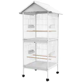 Pawhut - Metal Bird Cage Feeder with Rolling Stand Perches Food Containers Doors Wheels 67" H