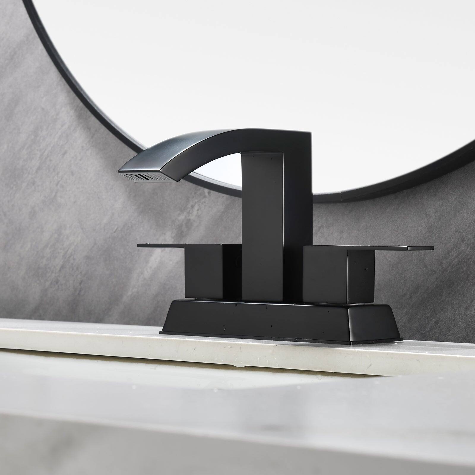 Alt View 2. Boyel Living - Black 4 Inch Centerset Faucet SUS304 Waterfall Spout 1.2GPM Dual Handle Pop Up Drain - Matte Black.