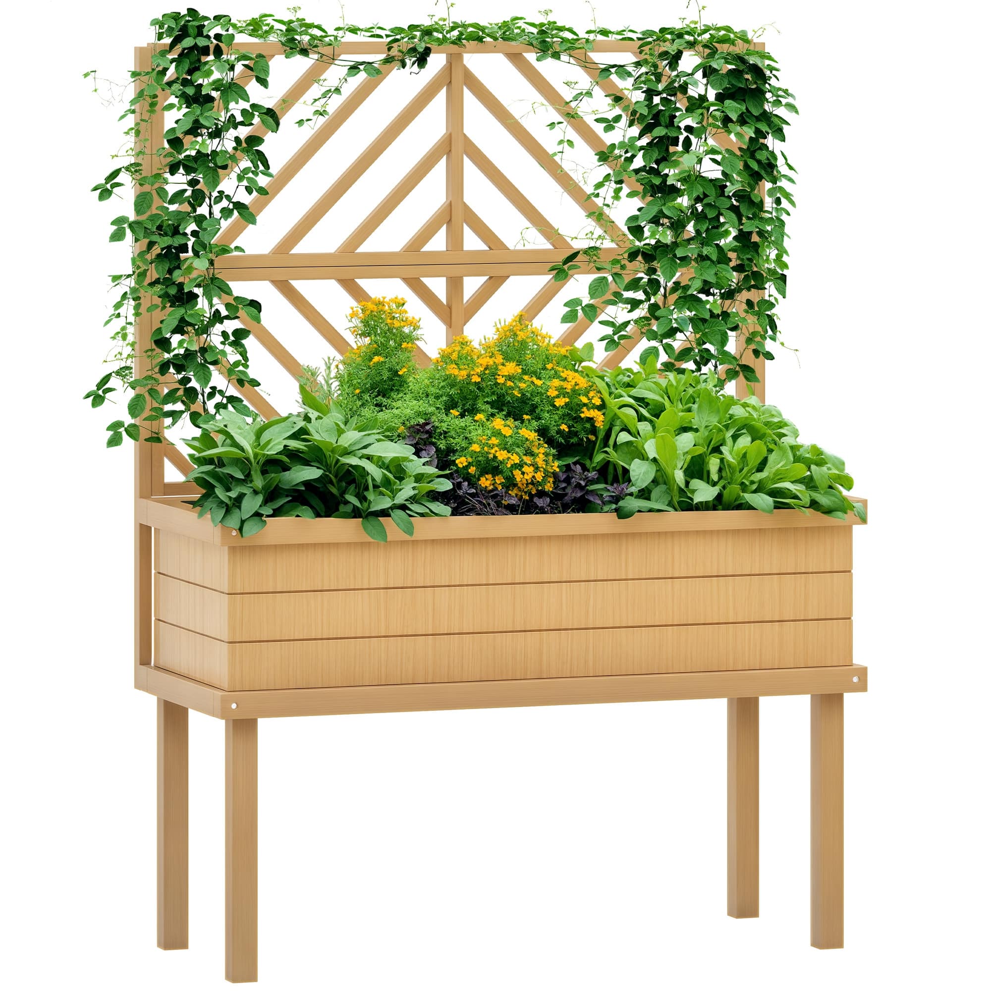 Outsunny - Wood Planter with Trellis for Climbing Plants, Raised Garden Bed with Legs and Drainage Holes - Natural Wood