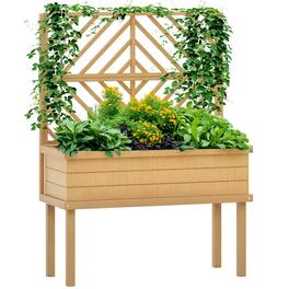Outsunny - Wood Planter with Trellis for Climbing Plants, Raised Garden Bed with Legs and Drainage Holes - Natural Wood