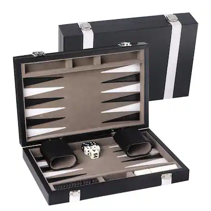 Front. GSE Games & Sports Expert - Premium Leather Backgammon Board Game Set, Backgammon Game Set with Leather Case -Black&Grey, Small.