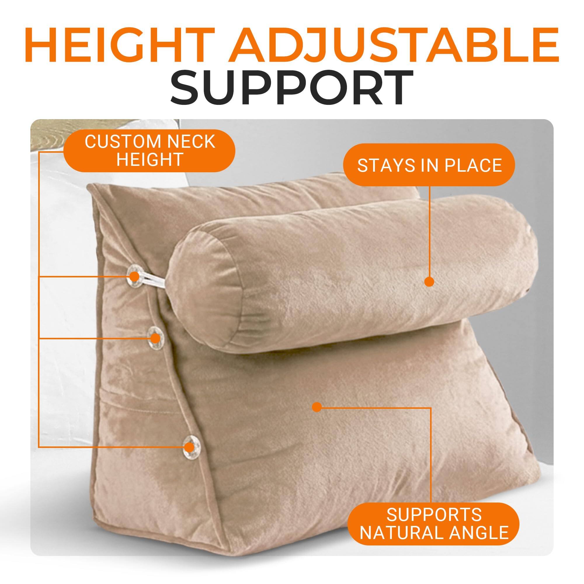 HEIGHT ADJUSTABLE SUPPORT  
CUSTOM NECK HEIGHT  
STAYS IN PLACE  
SUPPORTS NATURAL ANGLE