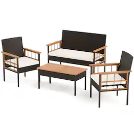 Boyel Living - 4 Pieces Wicker Furniture Set with Acacia Wood Tabletop and Armrests for Porch- 315-in W x 470-in D x 230-in H - White