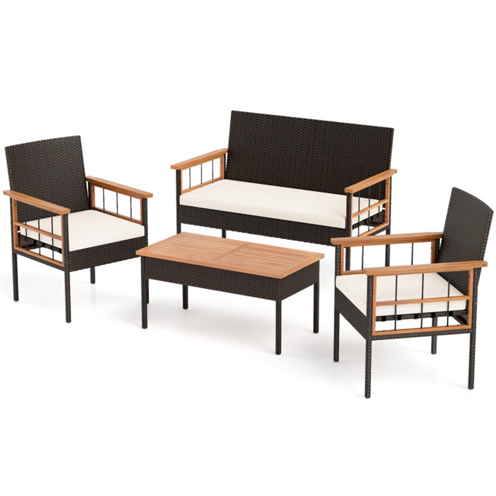 Front. Boyel Living - White 4 Pieces Wicker Furniture Set with Acacia Wood Tabletop and Armrests for Porch- 315-in W x 470-in D x 230-in H - White.