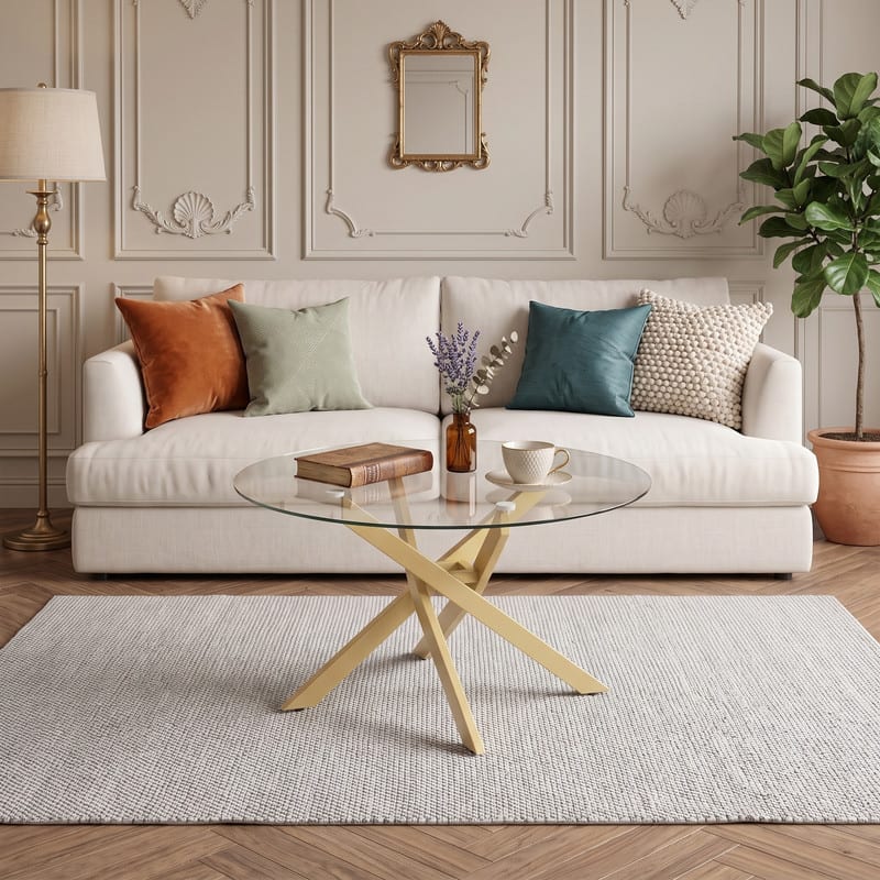 WELLFOR - 31.5" Round Coffee Table with Tempered Glass Top &Metal Leg, Modern Center Table Cocktail Tea Table for Living Room - Gold
