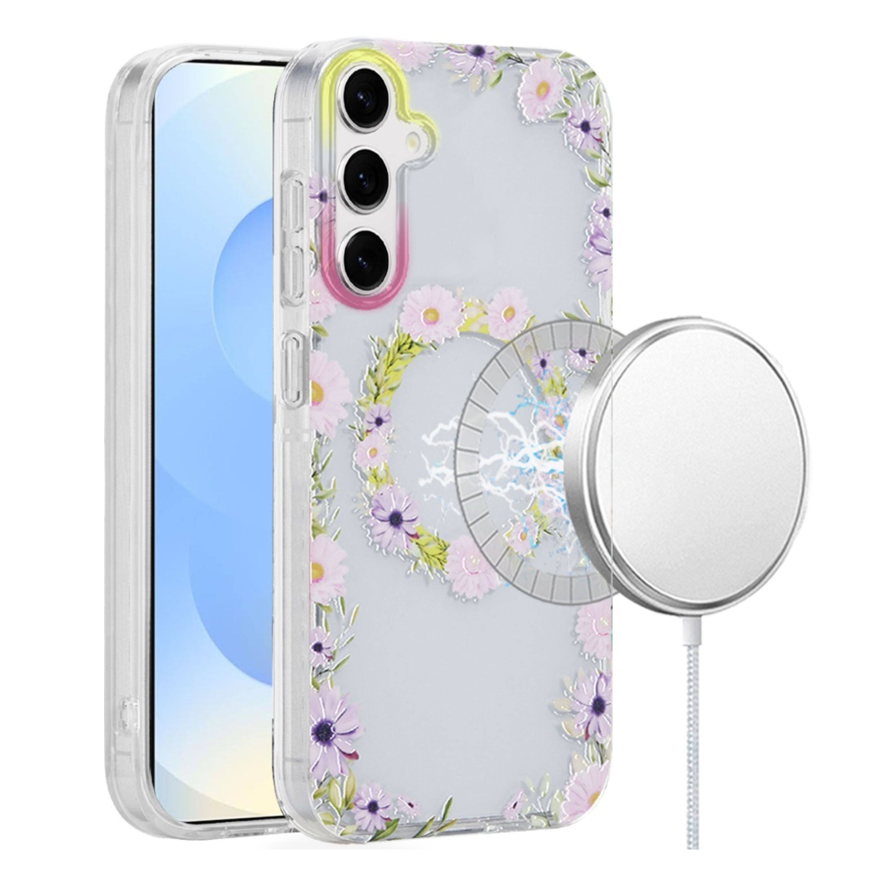 Left. Kitcheniva - Dual-Layer Magnetic Case With Tempered Glass For Samsung S24/S25 Yellow/Purple Floral - Multicolor.