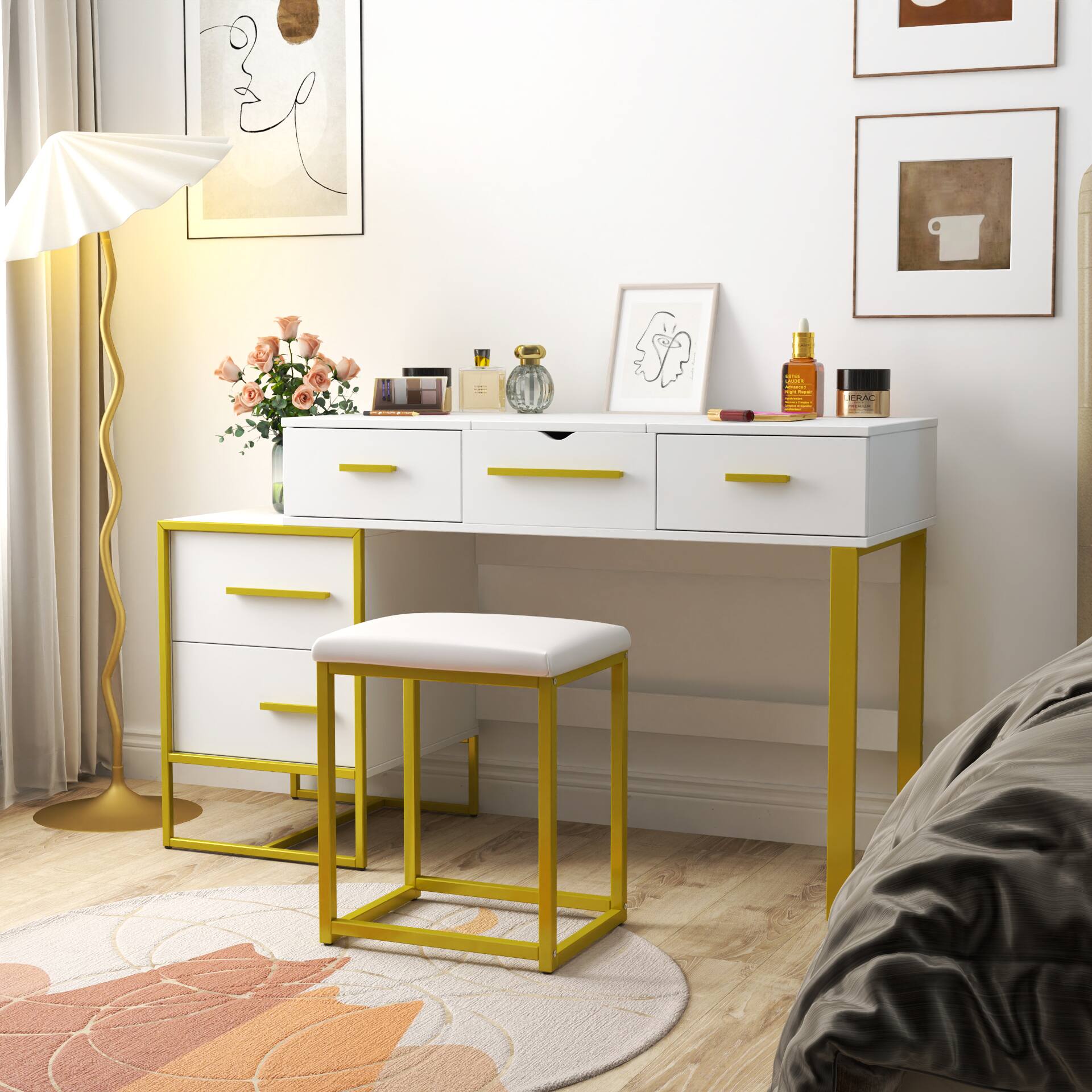 Angle. Lirago - White Dresser Table Desk with Mirror Makeup Vanities with 4 Drawers 29.53"H x 17.72"D x 39.37"W - White.