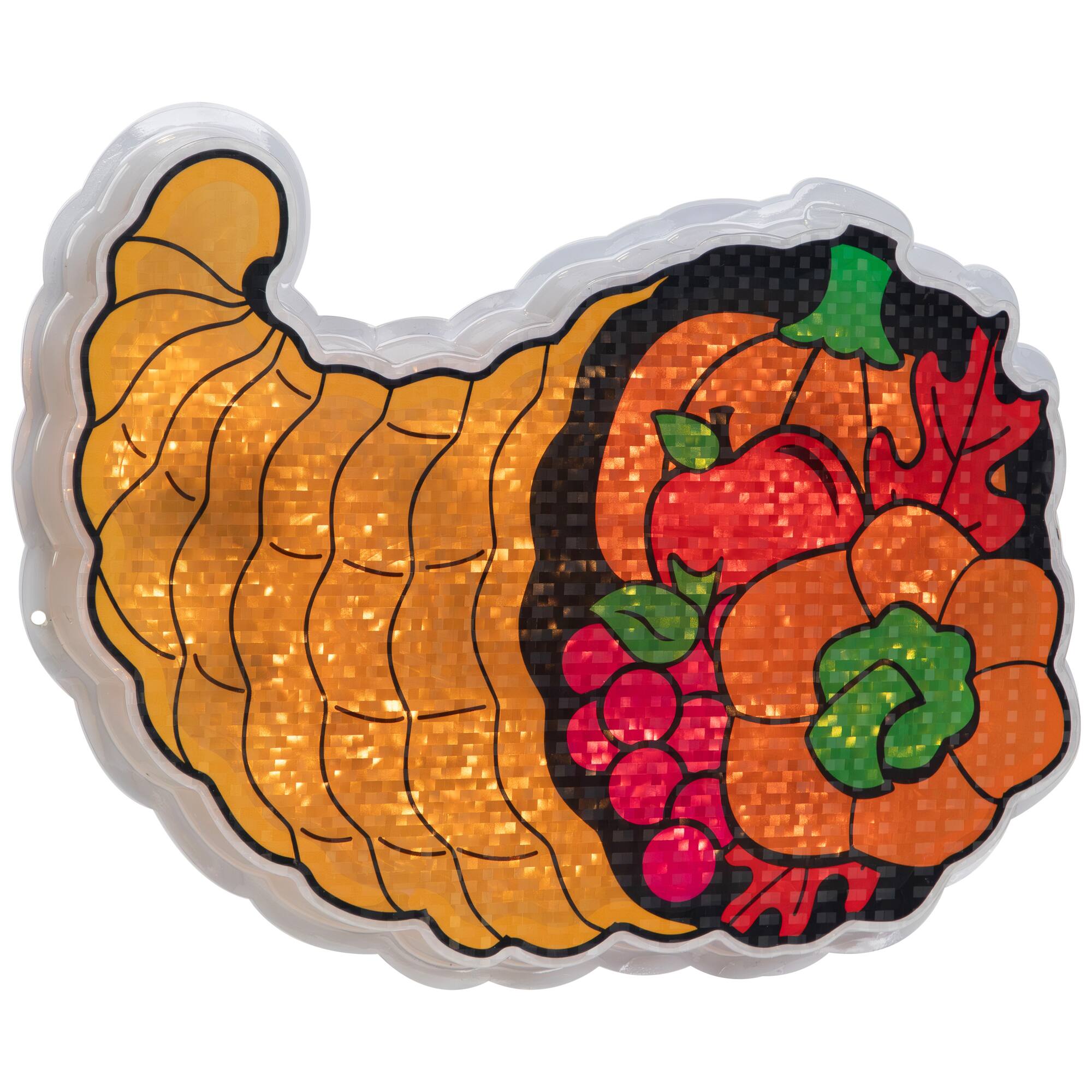 Alt View 3. Northlight - Pre-lit Cornucopia Thanksgiving Window Decoration – 16" - Clear Lights - Gold.