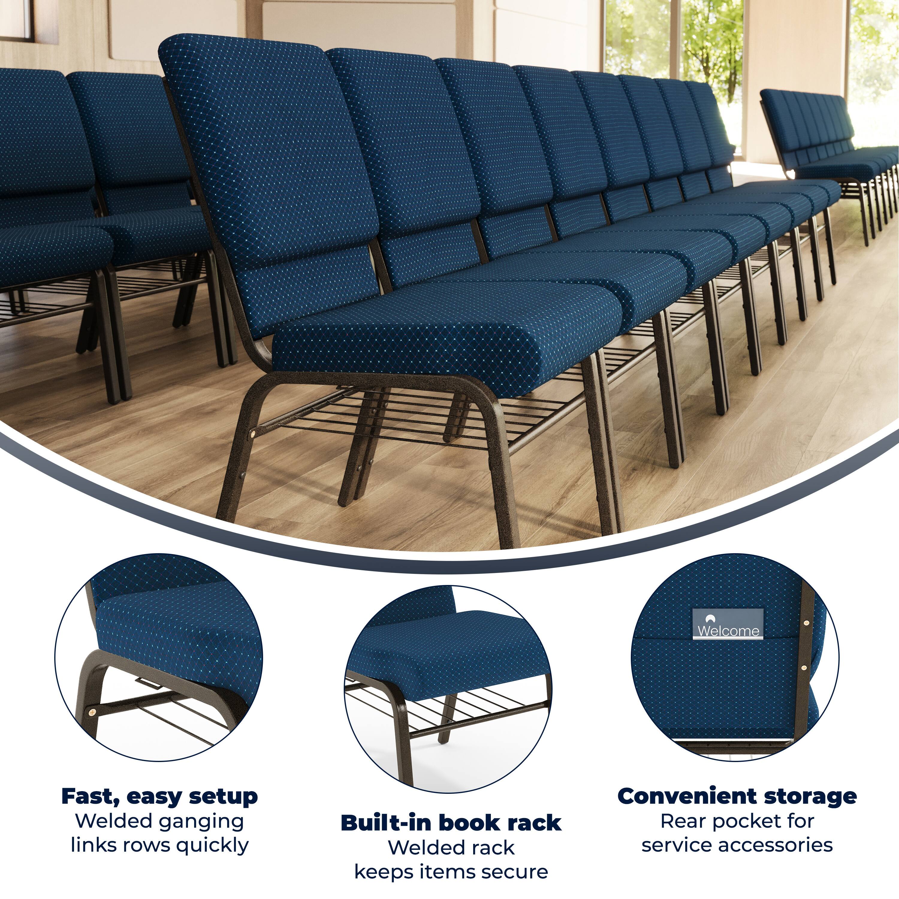 Welcome

Fast, easy setup  
Welded ganging links rows quickly

Built-in book rack  
Welded rack keeps items secure

Convenient storage  
Rear pocket for service accessories