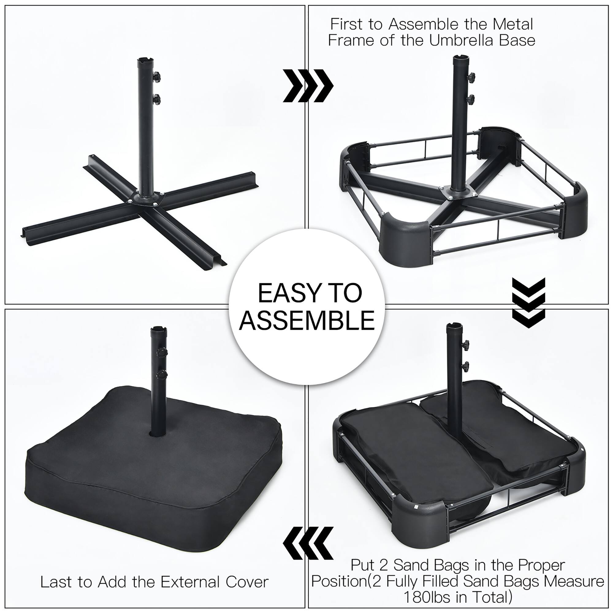 The text on the image is grouped as follows:

1. First to Assemble the Metal Frame of the Umbrella Base:
"Easy to Assemble"
2. Put 2 Sand Bags in the Proper:
"Last to Add the External Cover Position(2 (2 Fully Filled Sand Bags Measure 180lbs in Total)"
3. Put 2 Sand Bags in the Proper:
"Last to Add the External Cover Position(2 (2 Fully Filled Sand Bags Measure 180lbs in Total)"
4. Put 2 Sand Bags in the Proper:
"Last to Add the External Cover Position(2 (2 Fully Filled Sand Bags Measure 180lbs in Total)"