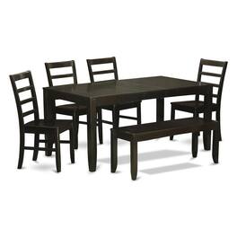 East West Furniture - 6 Pc Dining room set with bench-Table with Leaf and 4 Dining Chairs plus Bench - Cappuccino