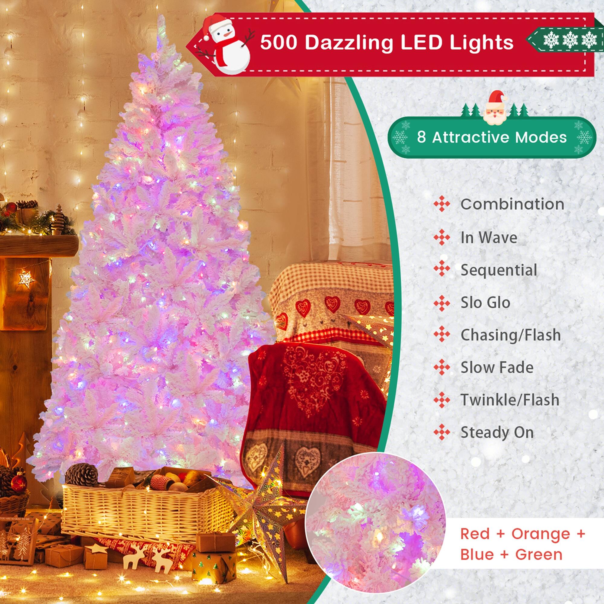 500 Dazzling LED Lights 8 Attractive Modes Combination In Wave Sequential Slo Glo Chasing/Flash Slow Fade Twinkle/Flash Steady On Red + Orange + Blue + Green