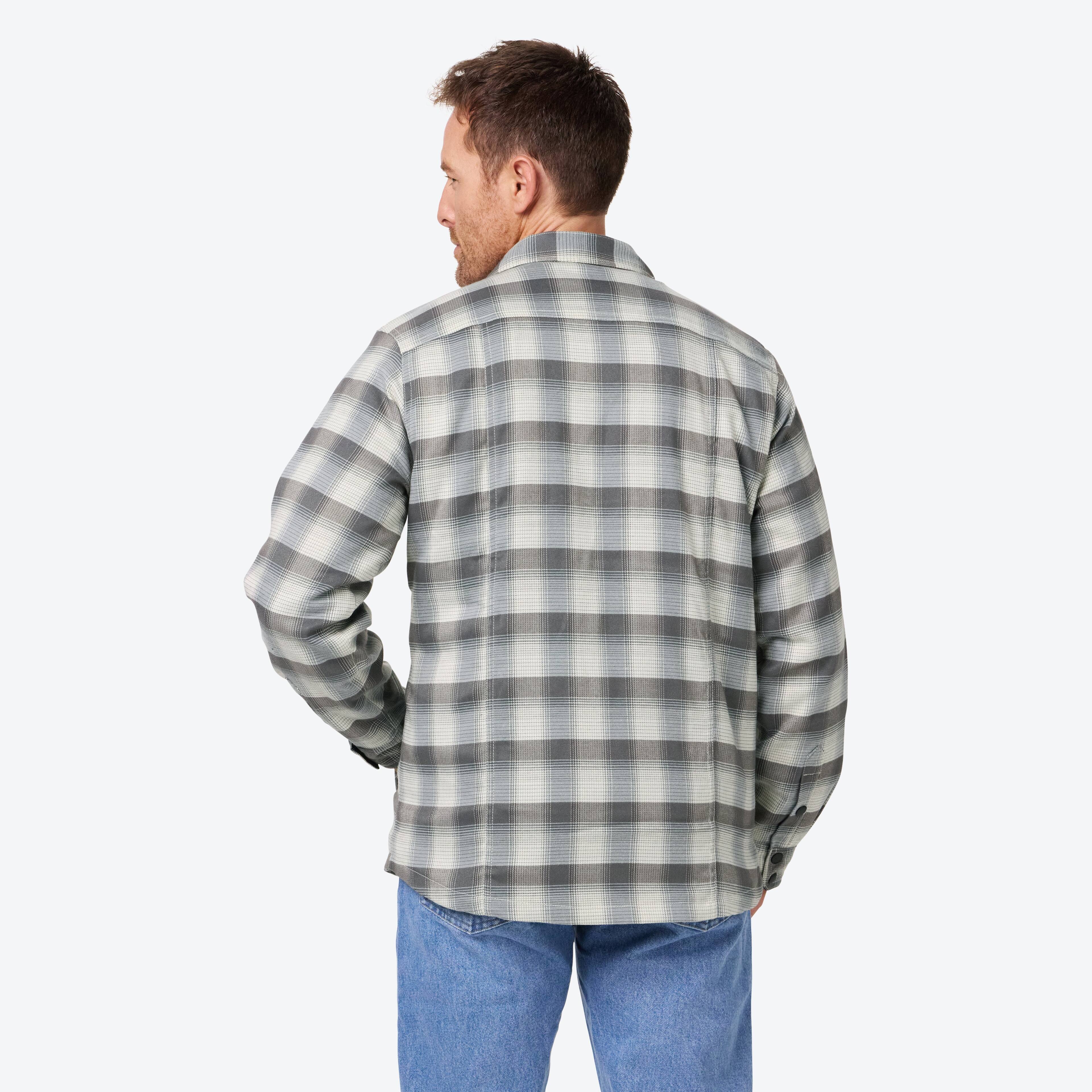 Back. Mobile Warming - Men's Flannel Heated Jacket - Cream/Grey.