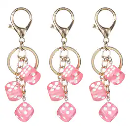 Unique Bargains - 3pcs Lucky Dice Keychain Charm, Resin 3D Cube Mini Dice Keyrings Holder w/ 3 Pendants for Bag, Wallet, Purse, Car, Phone - Pink