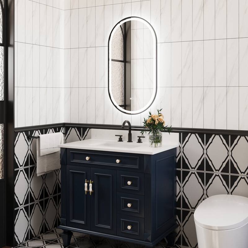Angle. WELLFOR - 20" x 36" Oval Framed LED Bathroom Vanity Mirror with Anti-Fog, Wall-Mounted Bathroom Mirror with Front and Backlit LED - Matte Black.