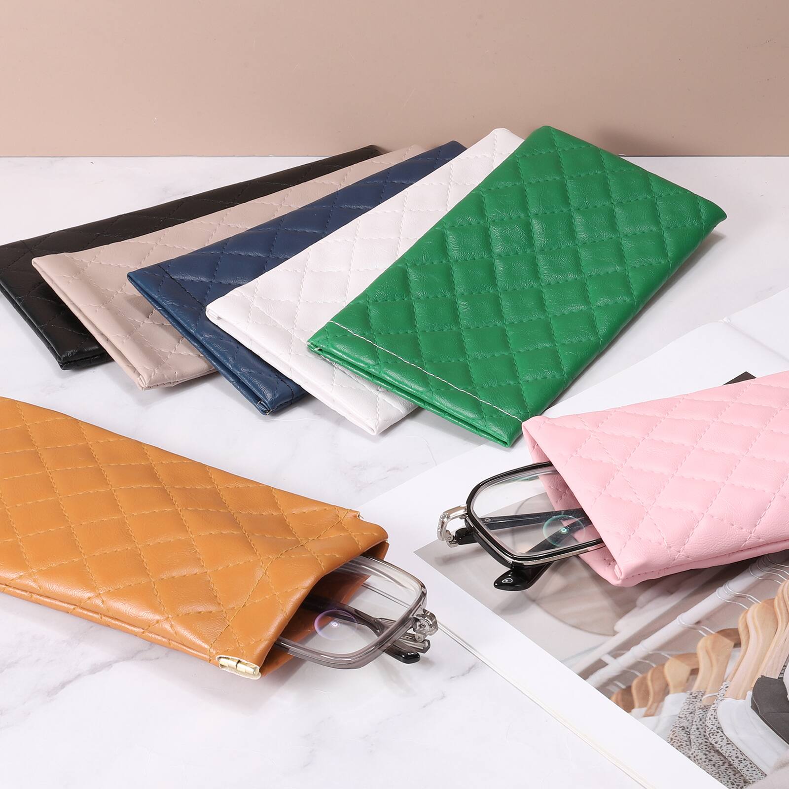 Alt View 3. Unique Bargains - 2pcs Squeeze Top Sunglass Pouch, Lattice PU Leather Soft Eyeglass Pouch, Portable Travel Storage for Women/Men - Pink/White.
