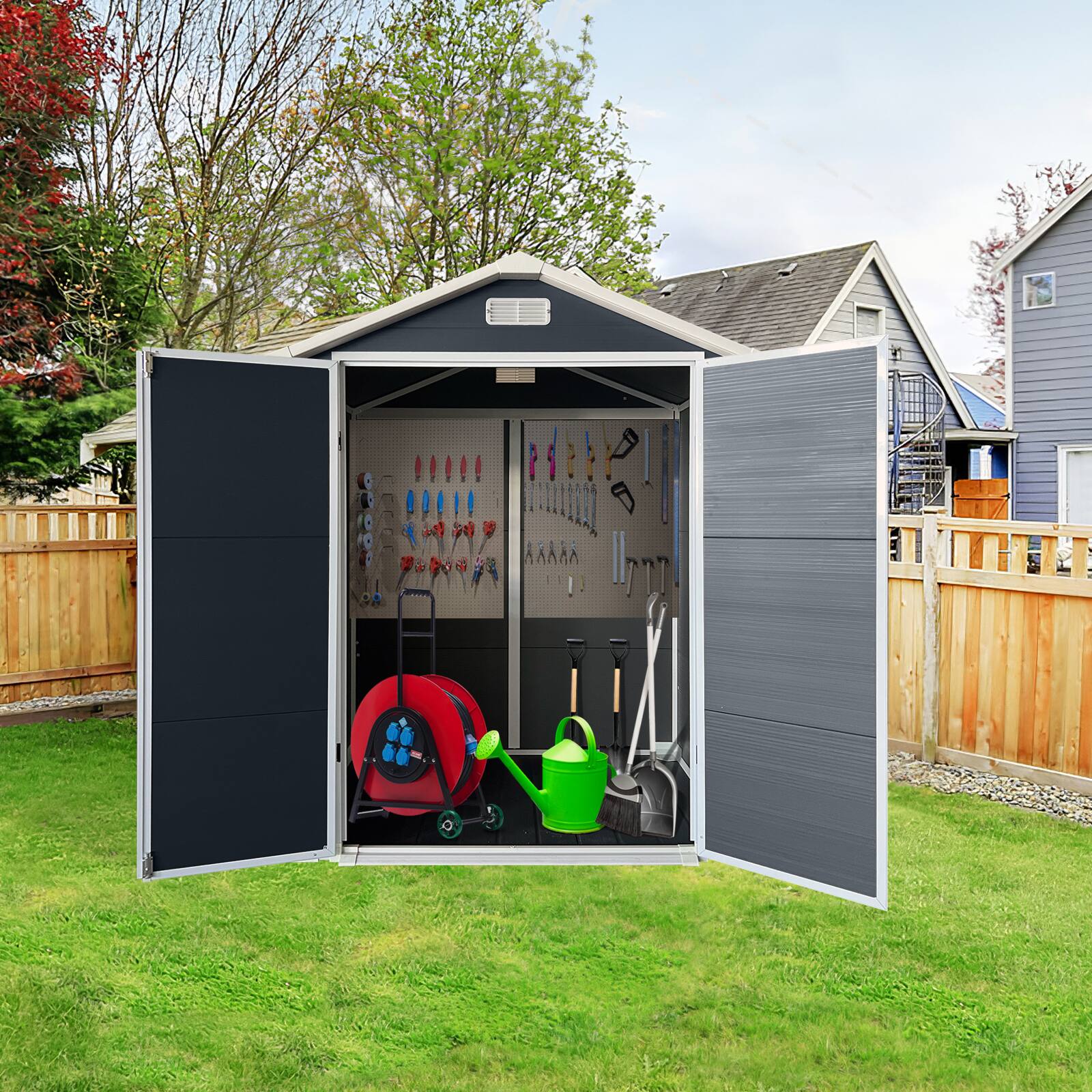 Angle. Mondawe - 6x4 Ft Plastic Outdoor Storage with Floor and Lockable Door - Dark Grey.