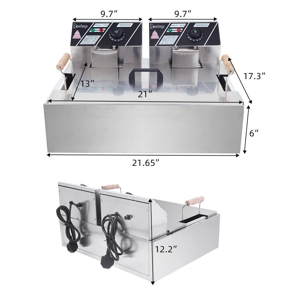 Sure, here is the corrected and grouped text from the image:

- Width: 21.65"
- Depth: 17.3"
- Height: 13"
- Width of each unit: 9.7"
- Height of each unit: 6"
- Height of the lower unit: 12.2"