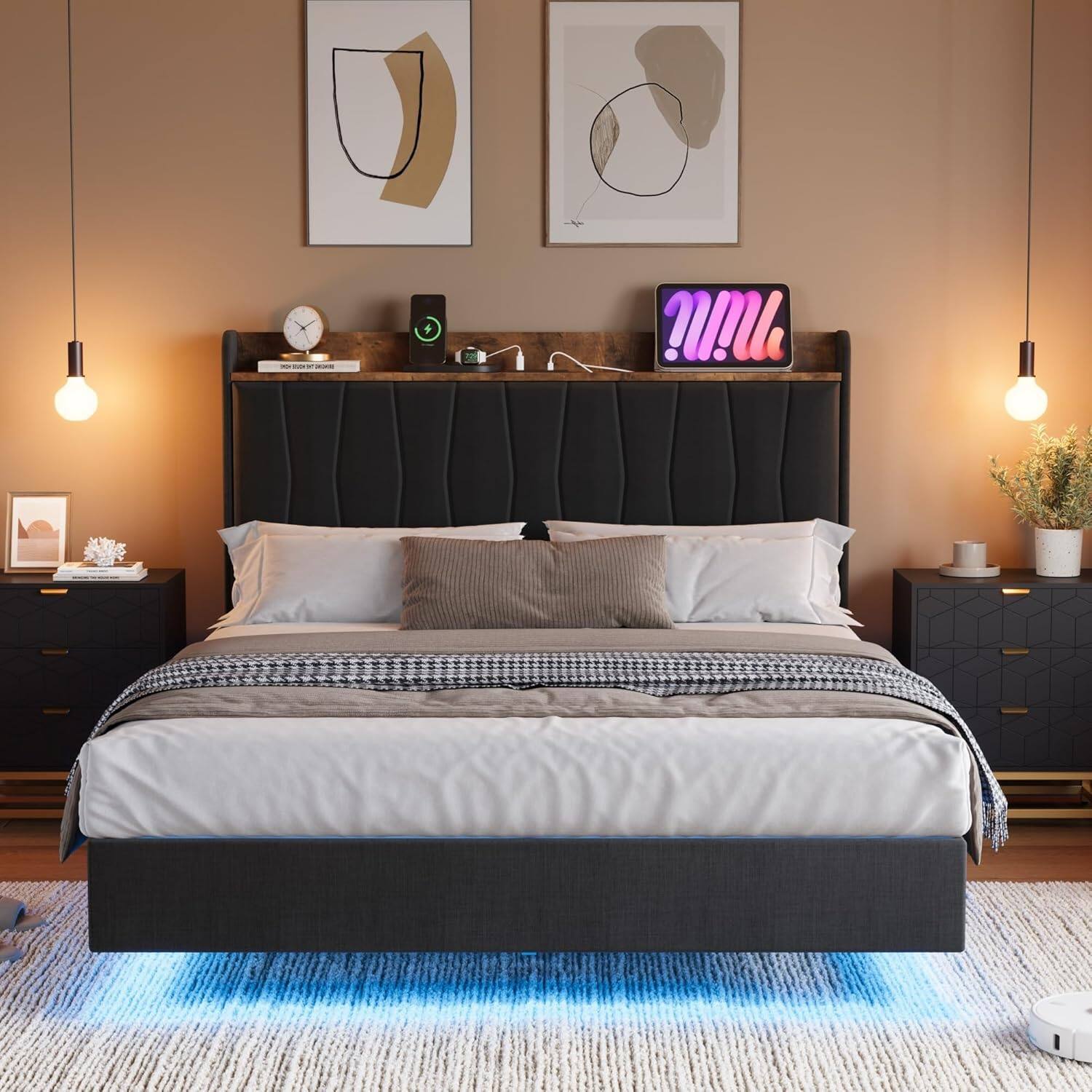 Front. Babevy - Floating Bed Frame with Upholstered Storage Headboard, Platform Bed Frame with Charging Station & LED Lights - Black.