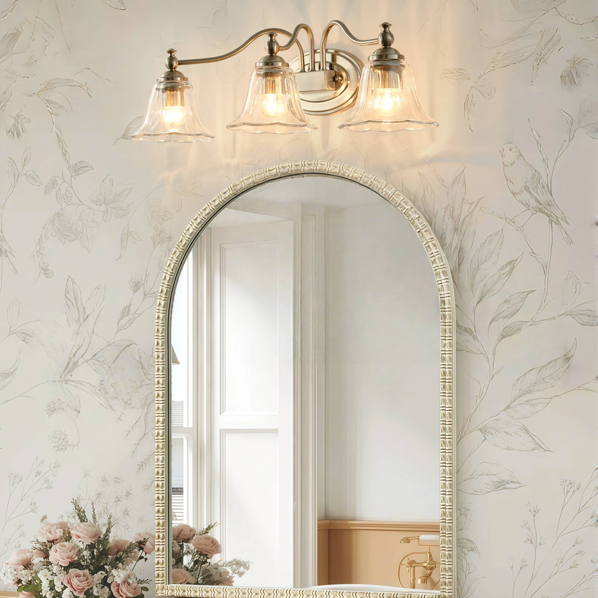 Alt View 4. RYHNUYNE - 3-Light Bathroom Vanity Light Fixture,Brushed Nickel Vanity Lighting ,Farmhouse Wall Mount Lighting Over Mirror - Brushed Nickel.