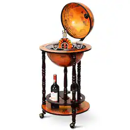 Gymax - Wood Globe Wine Bar Stand 16th Century Italian Rack Liquor Bottle Shelf - Red