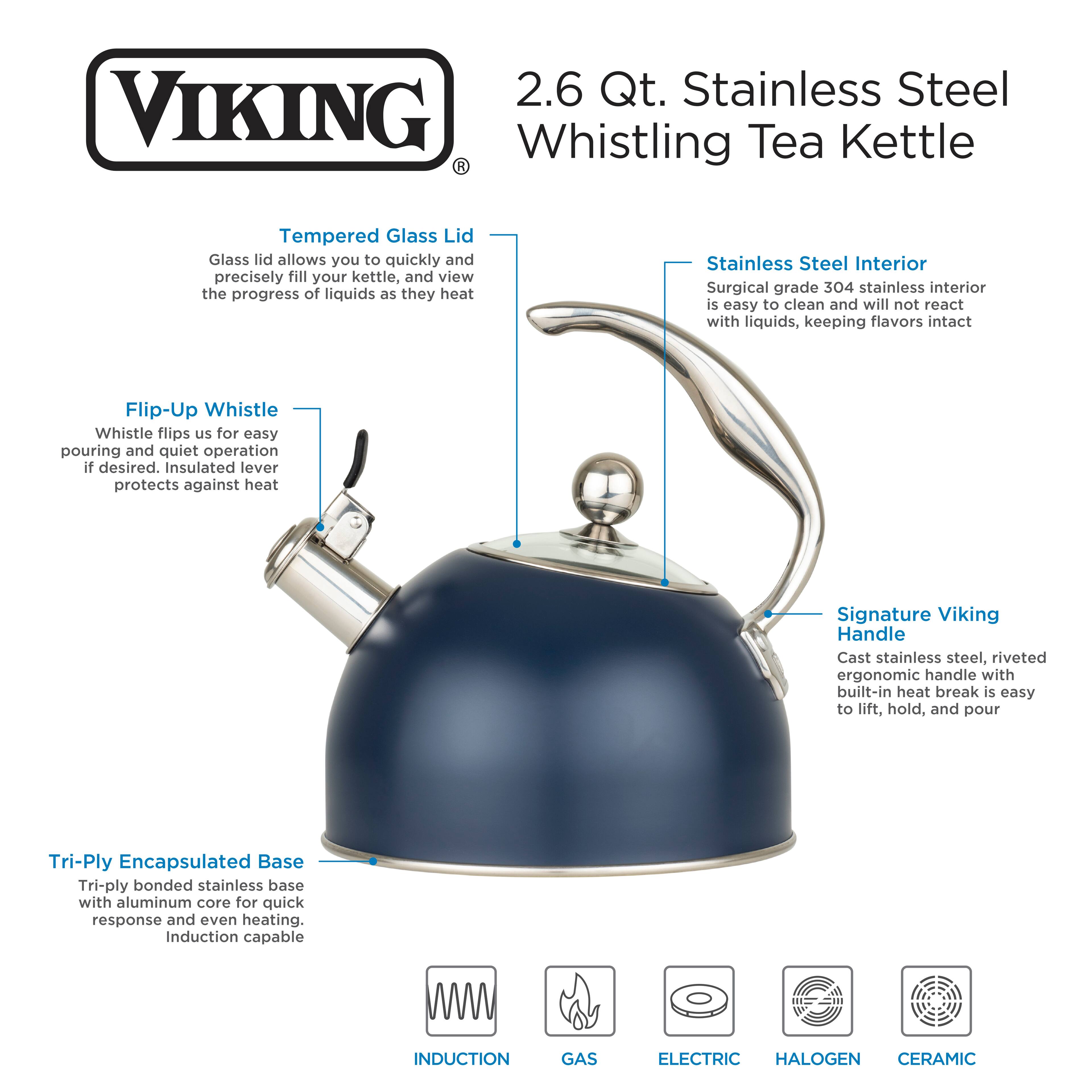 The image features a blue and silver 2.6 quart stainless steel tea kettle with a tempered glass lid. The kettle has a stainless steel interior, which is easy to clean and does not react with liquids, preserving their flavors. The kettle also has a flip-up whistle that can be used for easy pouring and quiet operation, and an insulated lever to protect against heat. The kettle has a signature Viking handle, which is cast stainless steel and riveted for ergonomic use and heat protection. The kettle's base is tri-ply encapsulated, making it suitable for use with various heat sources, including induction, gas, and electric.