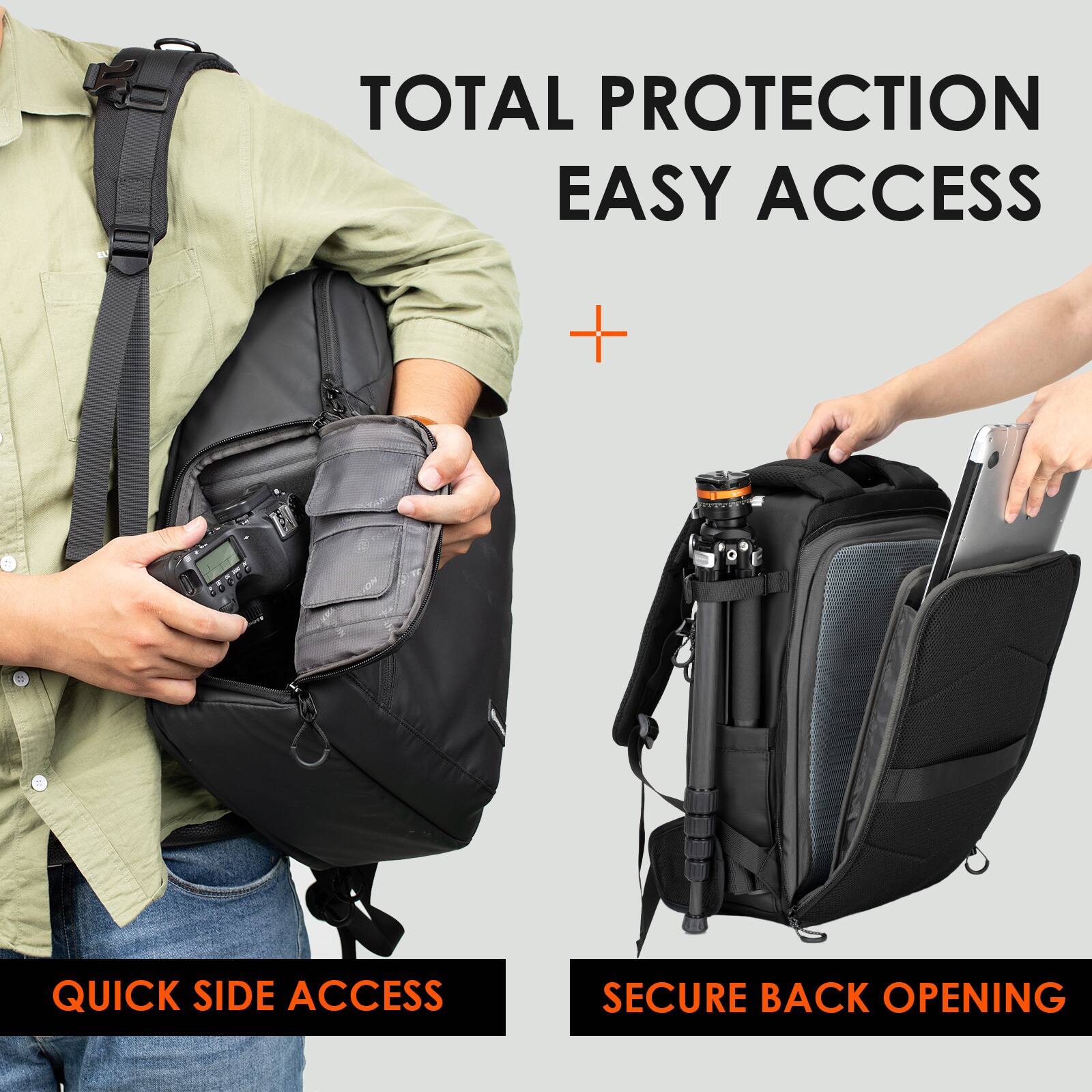 TOTAL PROTECTION  
EASY ACCESS  

+  

QUICK SIDE ACCESS  
SECURE BACK OPENING