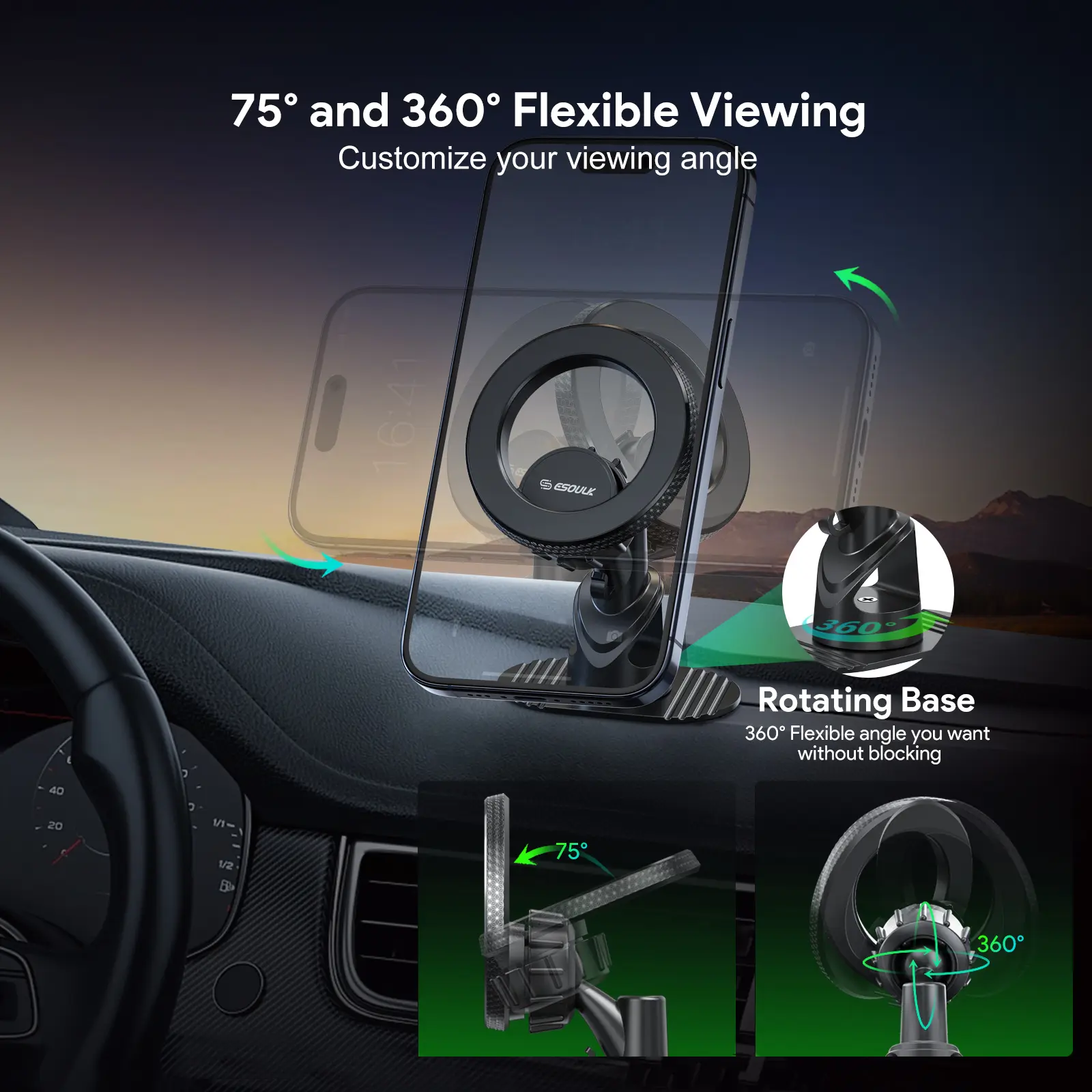 75° and 360° Flexible Viewing Customize your viewing angle
Rotating Base 360° Flexible angle you want without blocking 360°