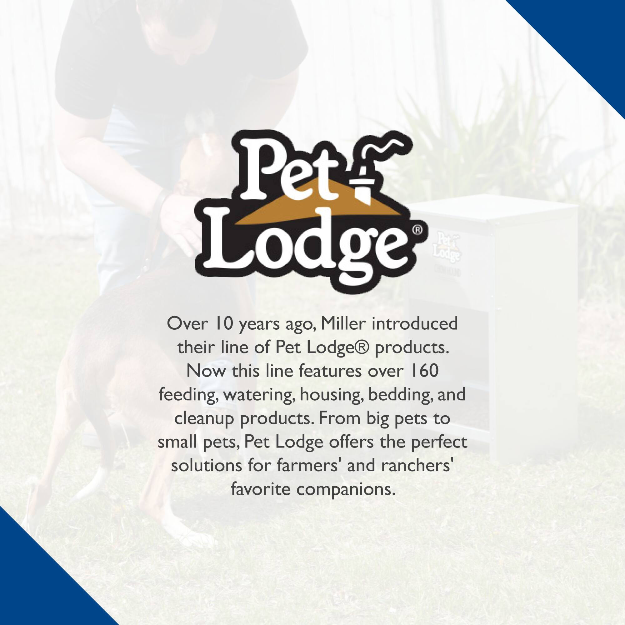 Pet Lodge

Over 10 years ago, Miller introduced their line of Pet Lodge® products. Now this line features over 160 feeding, watering, housing, bedding, and cleanup products. From big pets to small pets, Pet Lodge offers the perfect solutions for farmers' and ranchers' favorite companions.