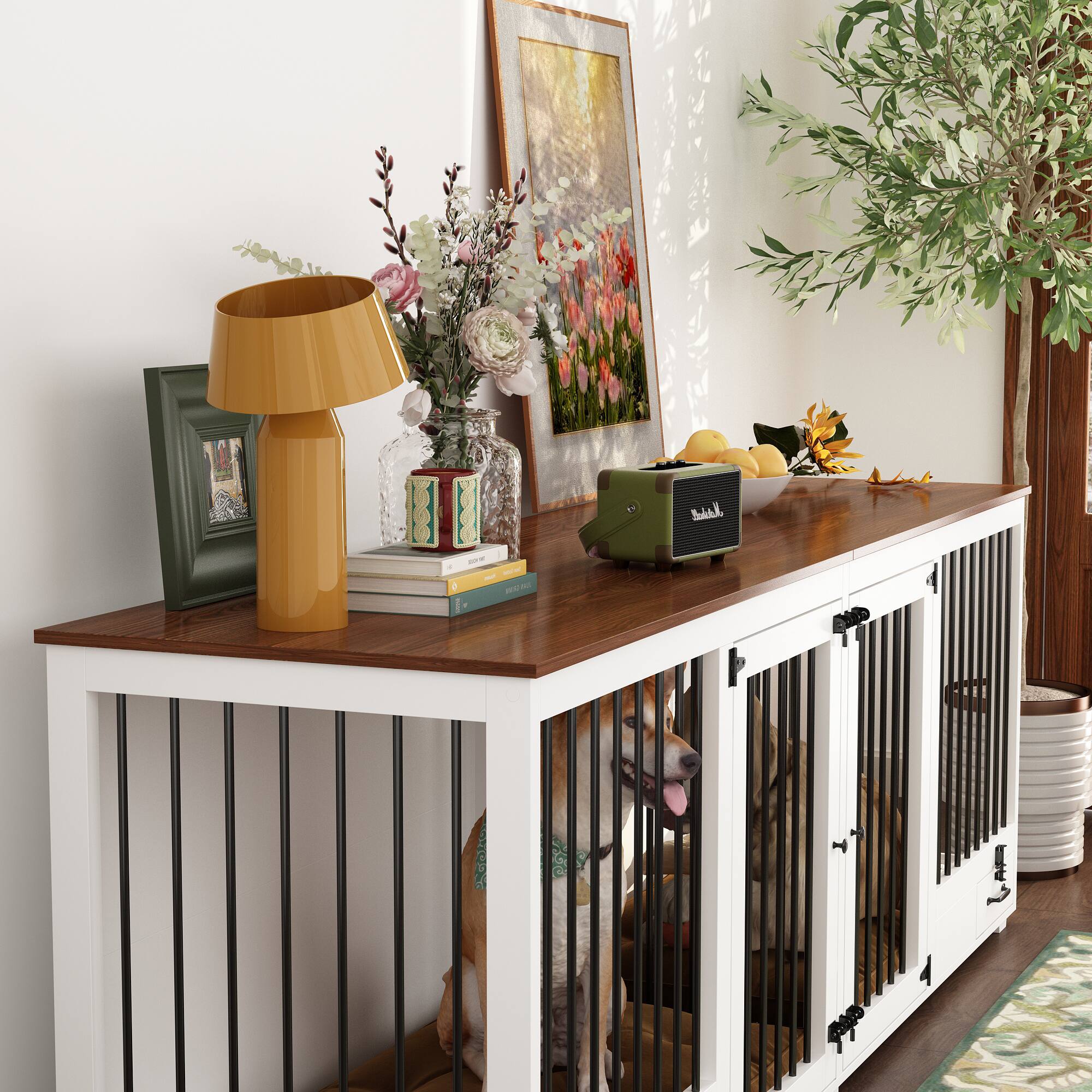 Alt View 8. FUFU & GAGA - Furniture-Style Dual-Dog Crate Console - Convertible Kennel Pull-Out Feeder & Storage.