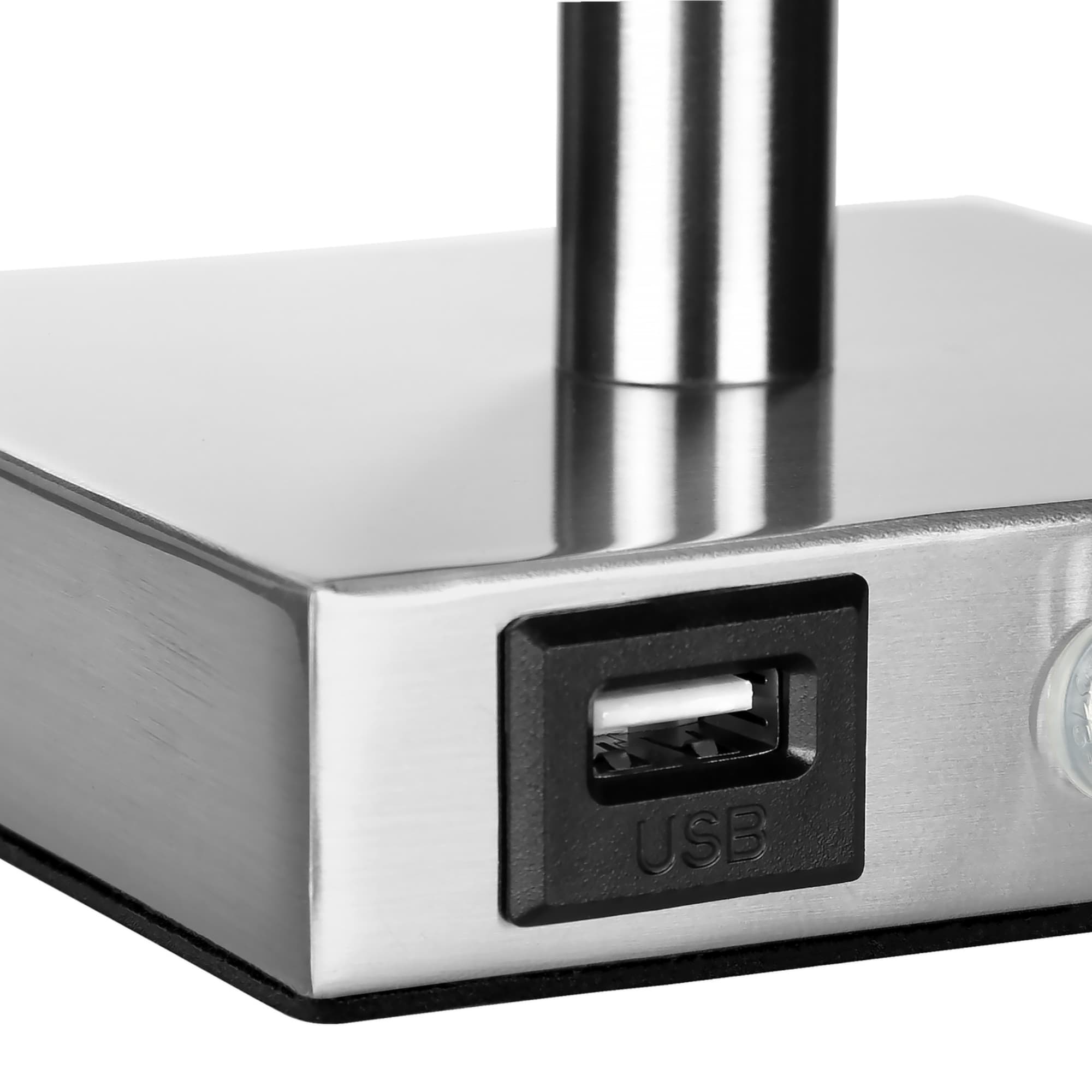 Back. Luckbyte - 2 Pack 17 Inch Nickel Metal Table Lamp USB Port Ivory Shade Contemporary Lighting.