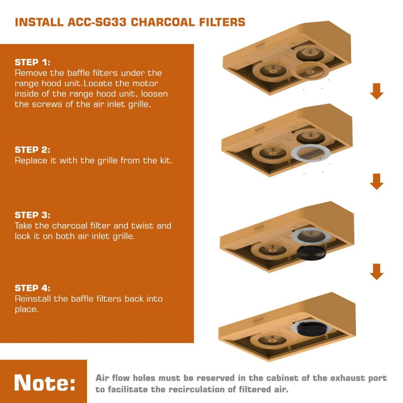 INSTALL ACC-SG33 CHARCOAL FILTERS

Step 1: Remove the baffle filters under the range hood unit. Locate the motor inside of the range hood unit, loosen the screws of the air inlet grille.

Step 2: Replace it with the grille from the kit.

Step 3: Take the charcoal filter and twist and lock it on both air inlet grille.

Step 4: Reinstall the baffle filters back into place. Air flow holes must be reserved in the cabinet of the exhaust port. Note: to facilitate the recirculation of filtered air.