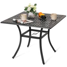 Nuu Garden - 35.4'' Square Cast Aluminum Outdoor Dining Table with Umbrella Hole and Mesh Tabletop - Black with Gold Speckles