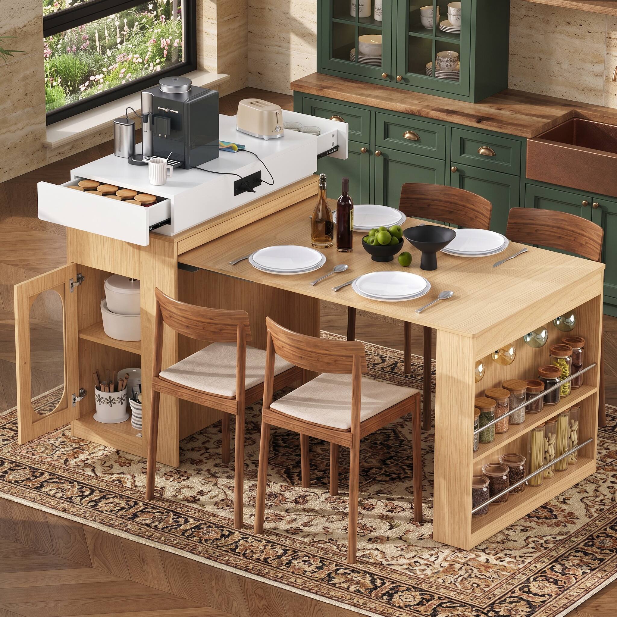 Alt View 10. Forest'nSky - White Sideboard Buffet Cabinet Extendable Dining Table with Folding Tabletop,Drawers and Power Outlet - White.