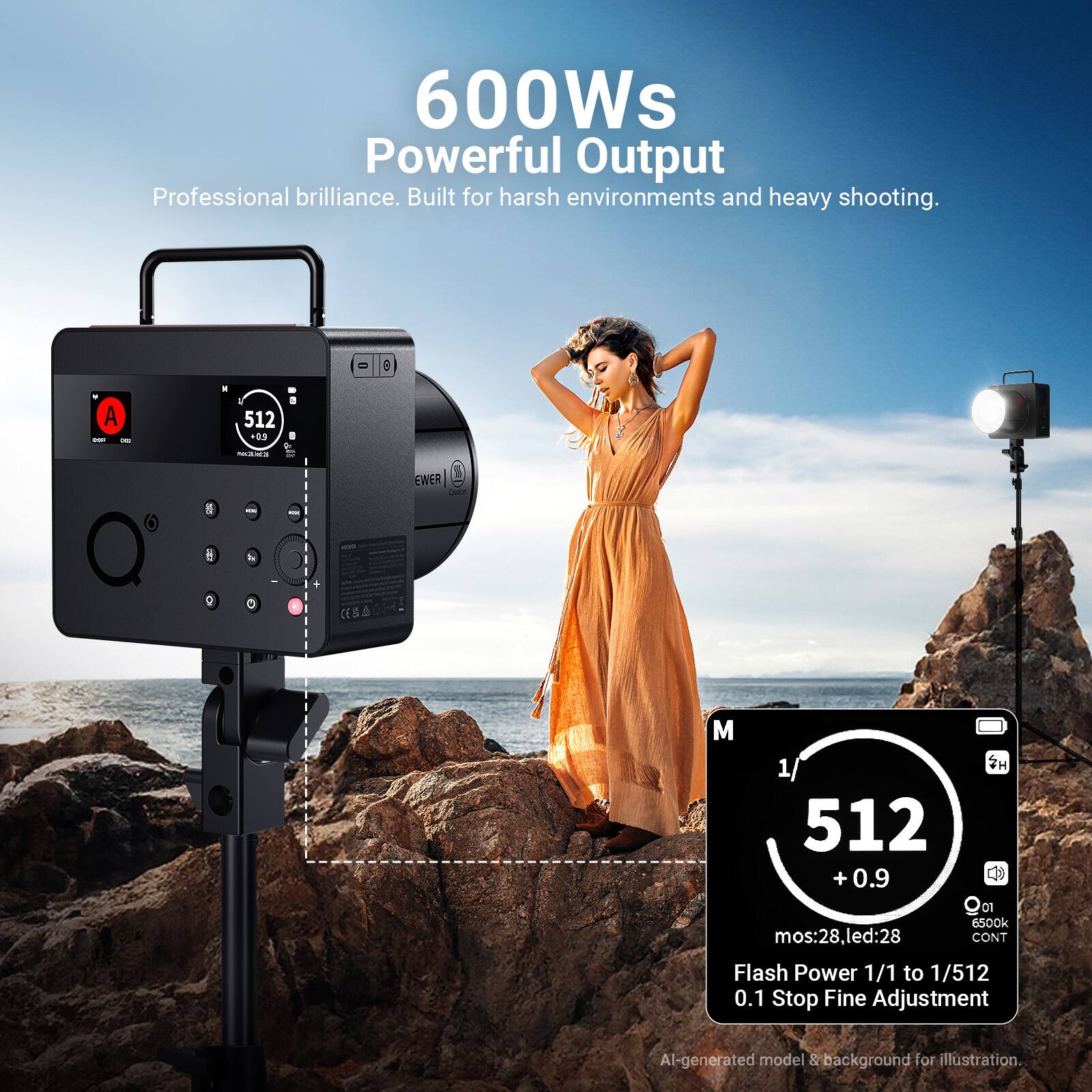 600Ws Powerful Output  
Professional brilliance. Built for harsh environments and heavy shooting.  

1/1 to 1/512  
+0.9  
4300K  
mos:28, led:28  
CONT Flash Power 1/1 to 1/512  
0.1 Stop Fine Adjustment  

AI-generated model & background for illustration.