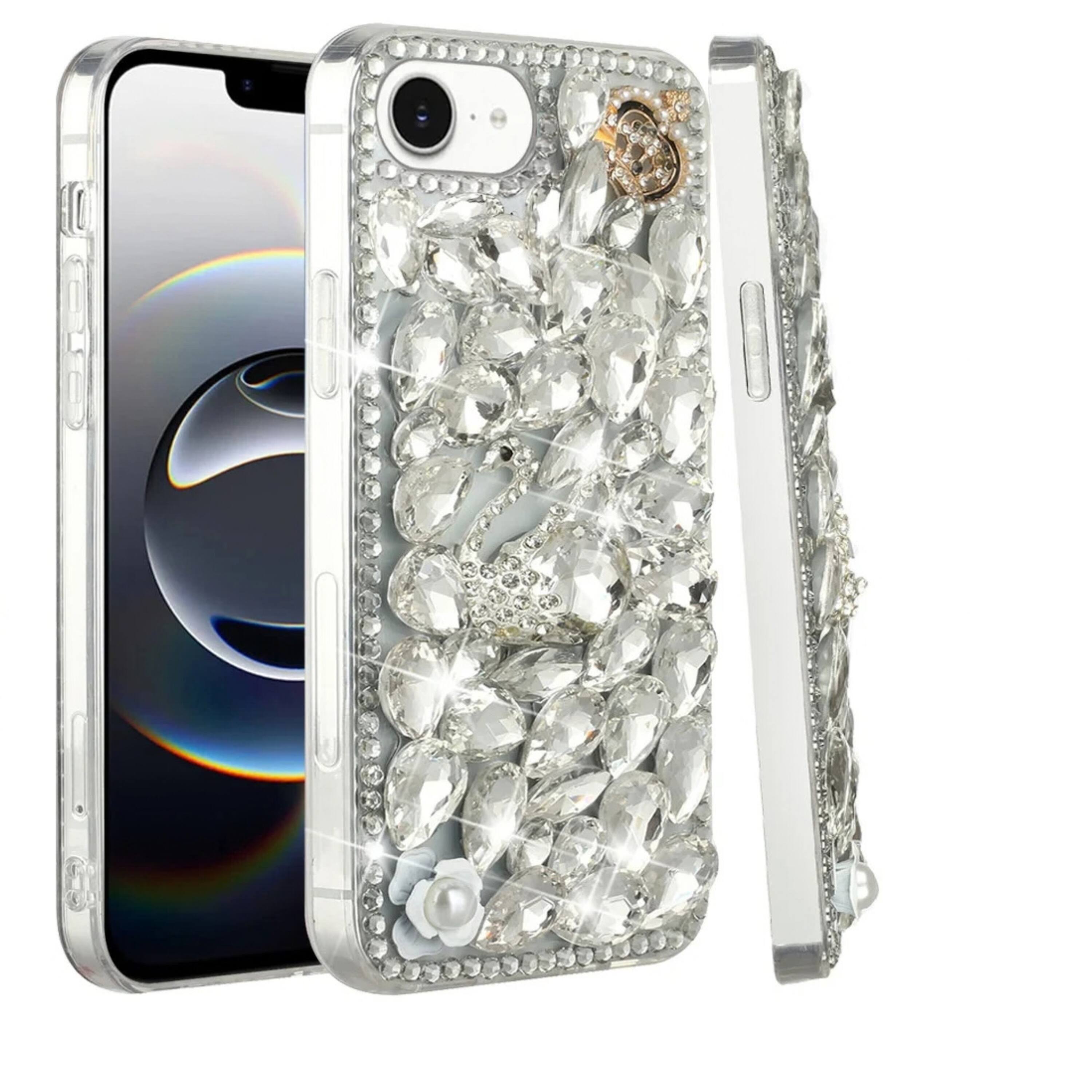 Angle. Kitcheniva - Full Diamond Faux 3D Jewel Phone Case With Tempered Glass For iPhone 16e 17e Silver Pearl - Silver.