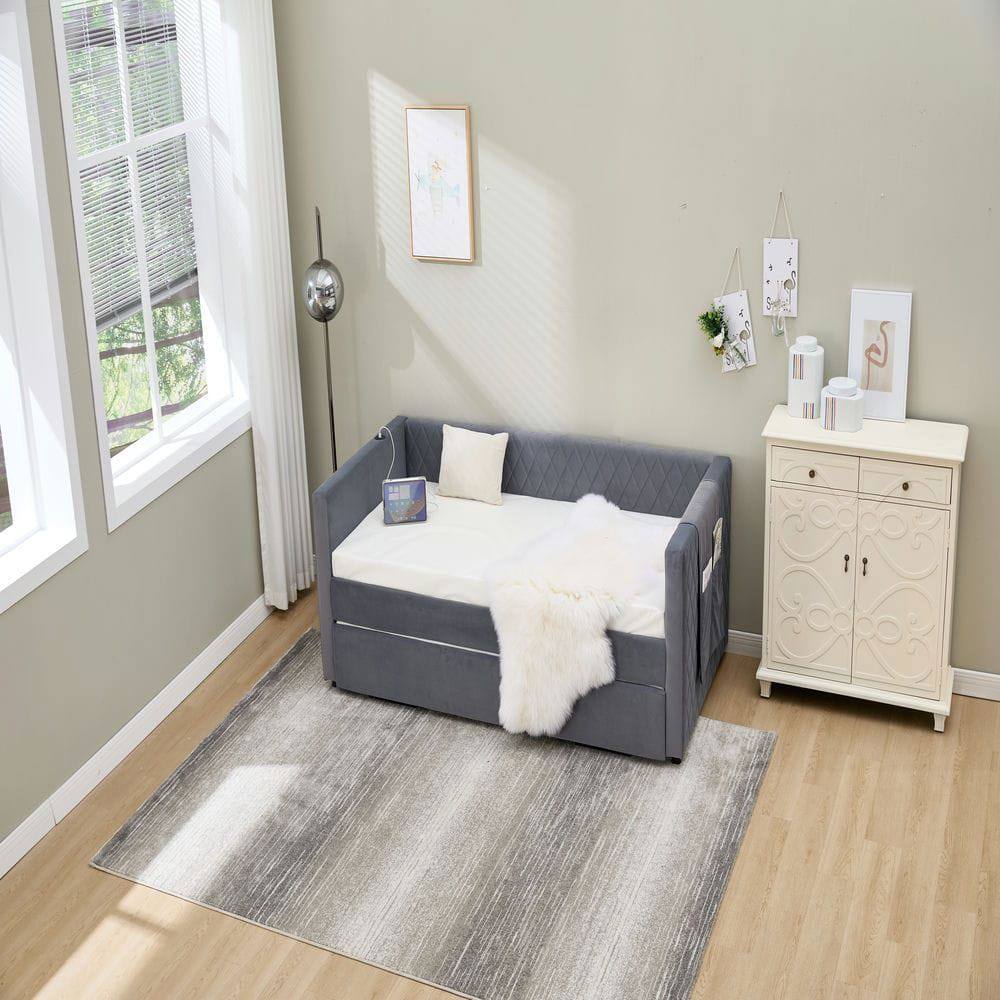 Left. Kadyn - Velvet Daybed with Sturdy Wood Frame, Modern Diamond Grid Pull-Out Design for Bedroom Living Room - Gray.