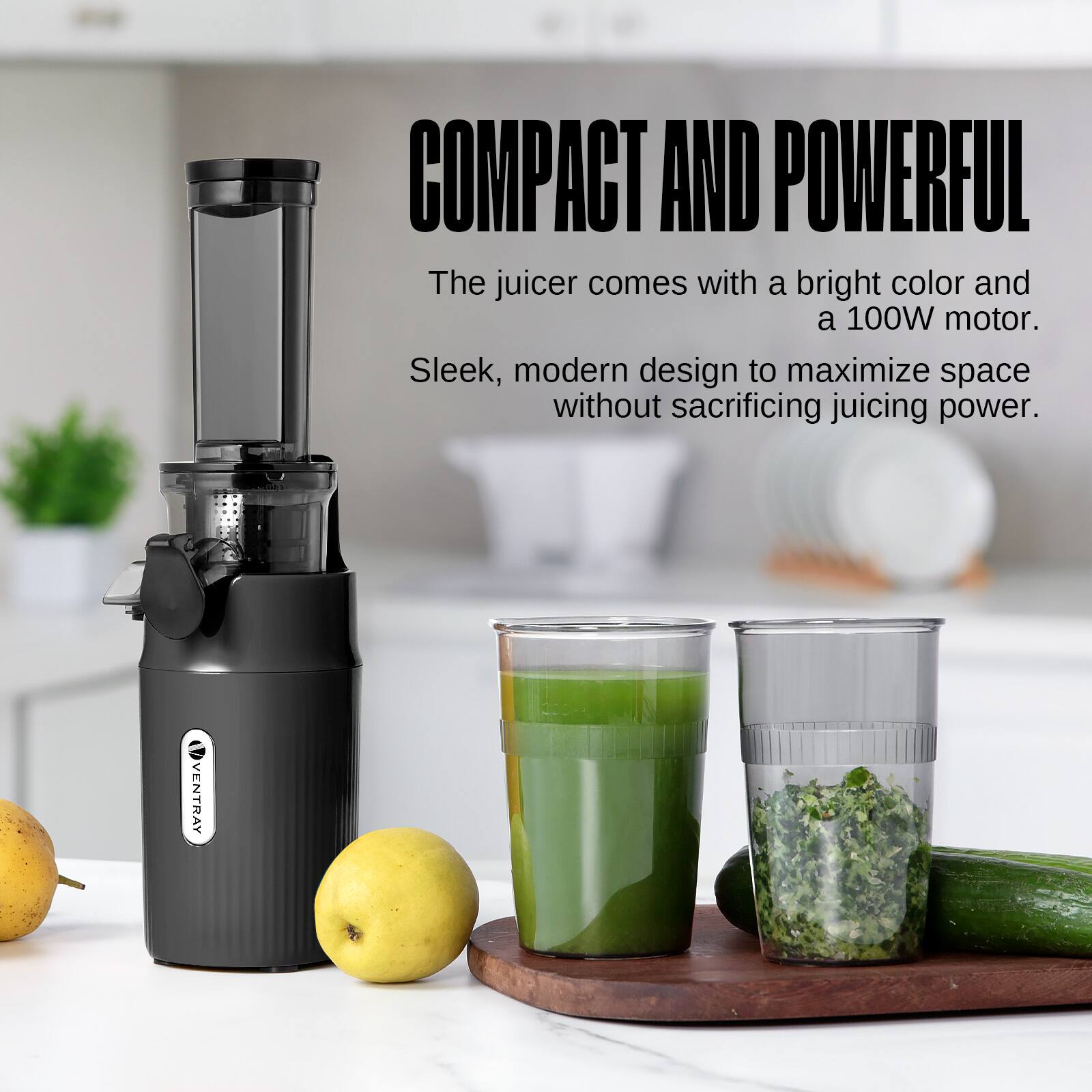 COMPACT AND POWERFUL

The juicer comes with a bright color and a 100W motor. Sleek, modern design to maximize space without sacrificing juicing power.