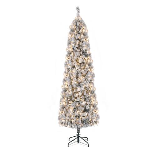 Alt View 1. Winado - 7.5FT Pre-lit Pencil Christmas Tree Snow Flocked Artificial with Lights, Branch Tips, Base for Indoor Holiday Decoration - Green.