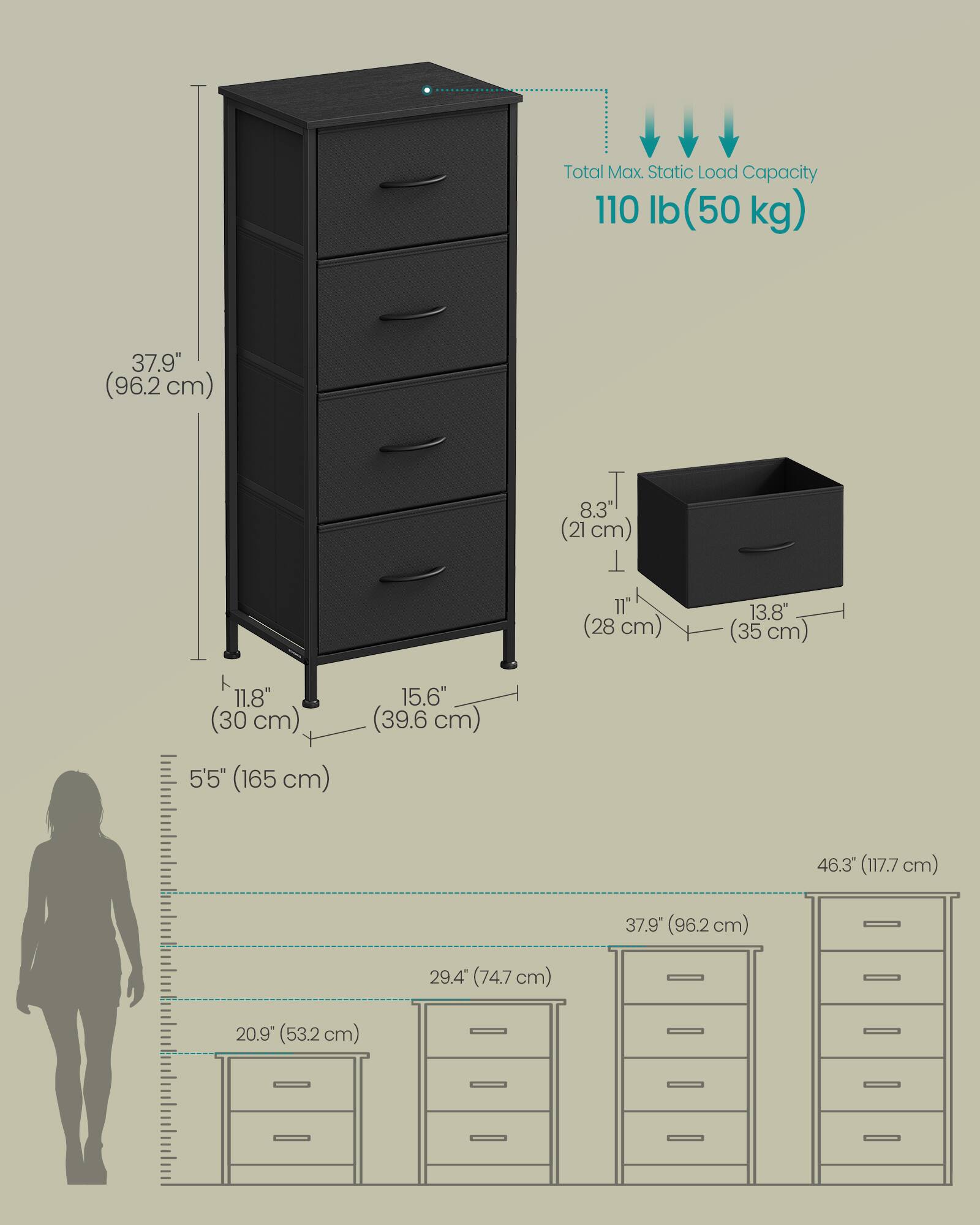 Total Max. Static Load Capacity: 110 lb (50 kg)

- Height: 37.9" (96.2 cm)
- Width: 15.6" (39.6 cm)
- Depth: 11.8" (30 cm)
- Drawer Dimensions:
  - Height: 8.3" (21 cm)
  - Width: 13.8" (35 cm)
  - Depth: 11" (28 cm)
- Overall Dimensions:
  - Height: 5'5" (165 cm)
  - Width: 46.3" (117.7 cm)
  - Depth: 29.4" (74.7 cm)
- Additional Width: 20.9" (53.2 cm)