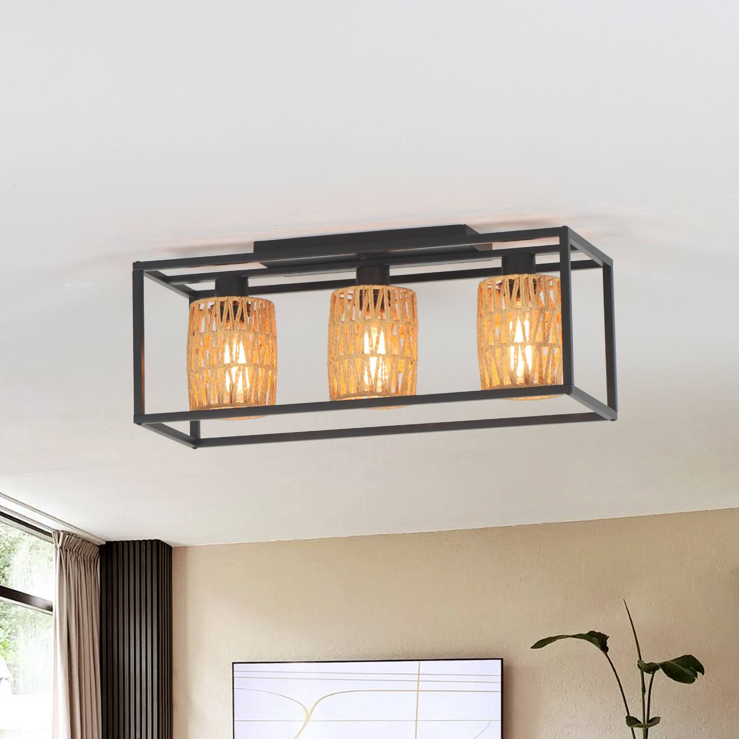 Angle. Umeiluce - 3 Lights Handmade Woven Paper Flush Mount light Farmhouse Style Light - Black and brown.