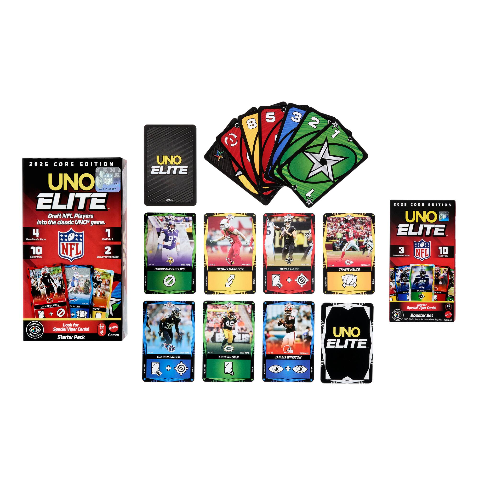 2025 CORE EDITION 5N M A UNO 1 oe I ELITE Draft NFL Players into the classic UNO* game. 4 1 - - - - - 10 NFL 2 - - - UNO ELITE 8 E 5 5 3 2 1 A .2. O.E SOITION UNO ELITE 3 NFL 10 : NARESON maLuI O  GARDECR NRE FARO + TRAUTS KOAA -  : - VOA Loce For Special Vieer Candal Starter Pack wEV Gomes 45 UNO ELITE - - Sp Vatr Ma Booster Set I - LUARIUS FTO AnN -L JAMEN - + +
