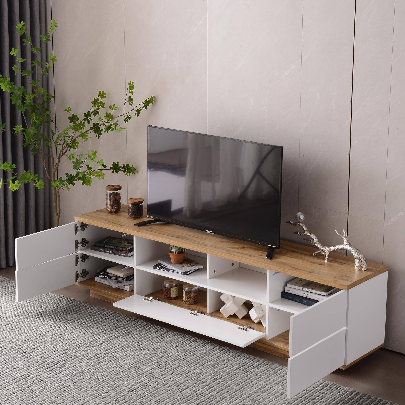 Back. Spaco - Spaco Modern TV Stand for 80" TV,Media Console with Door Rebound Device and Storage for Living Room Entertainment Center - White+Natural.