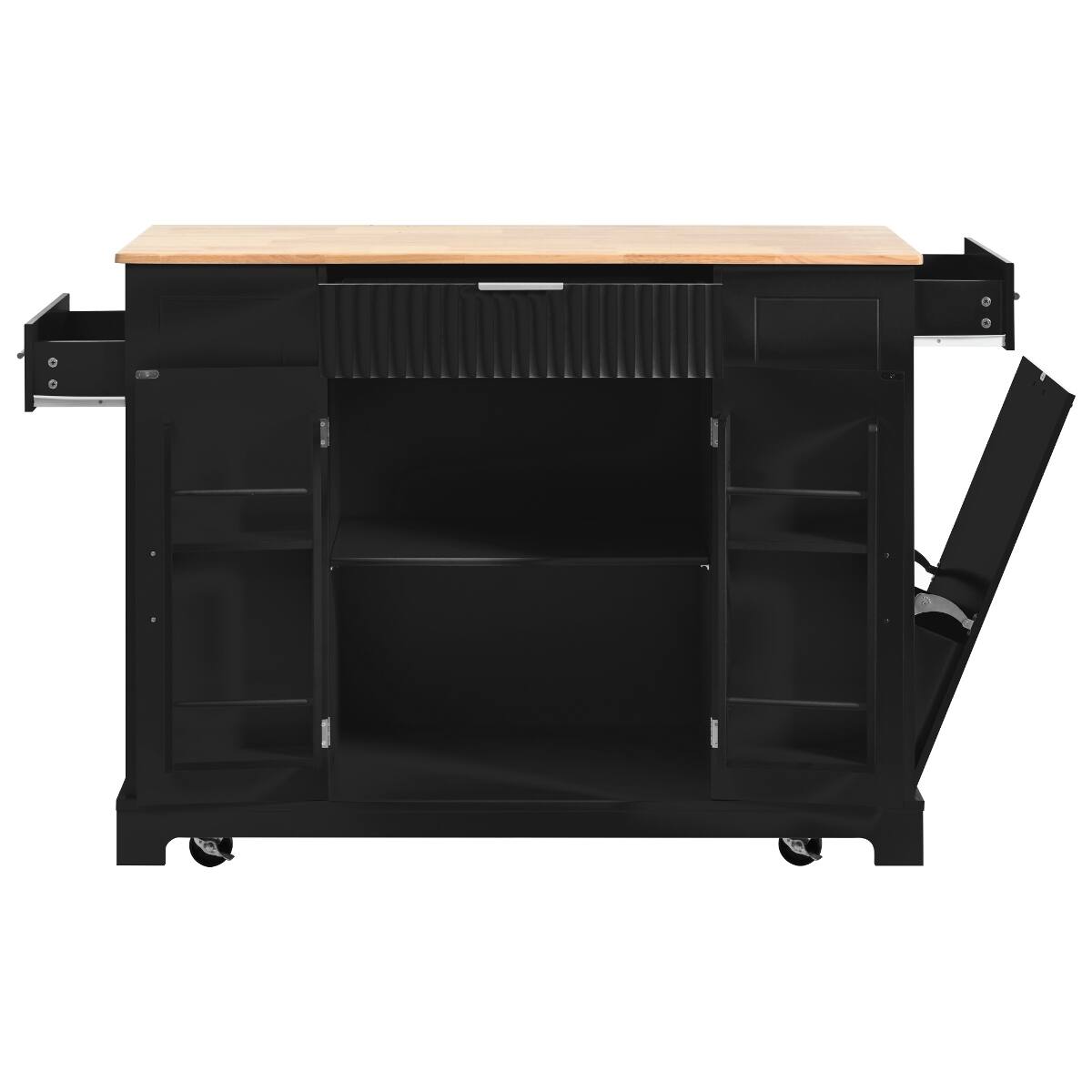 Alt View 10. Loheer - Loheer Black Fluted Kitchen Island with Trash Can Storage, Rubberwood Top & Power Outlet, 48.5in - Black.
