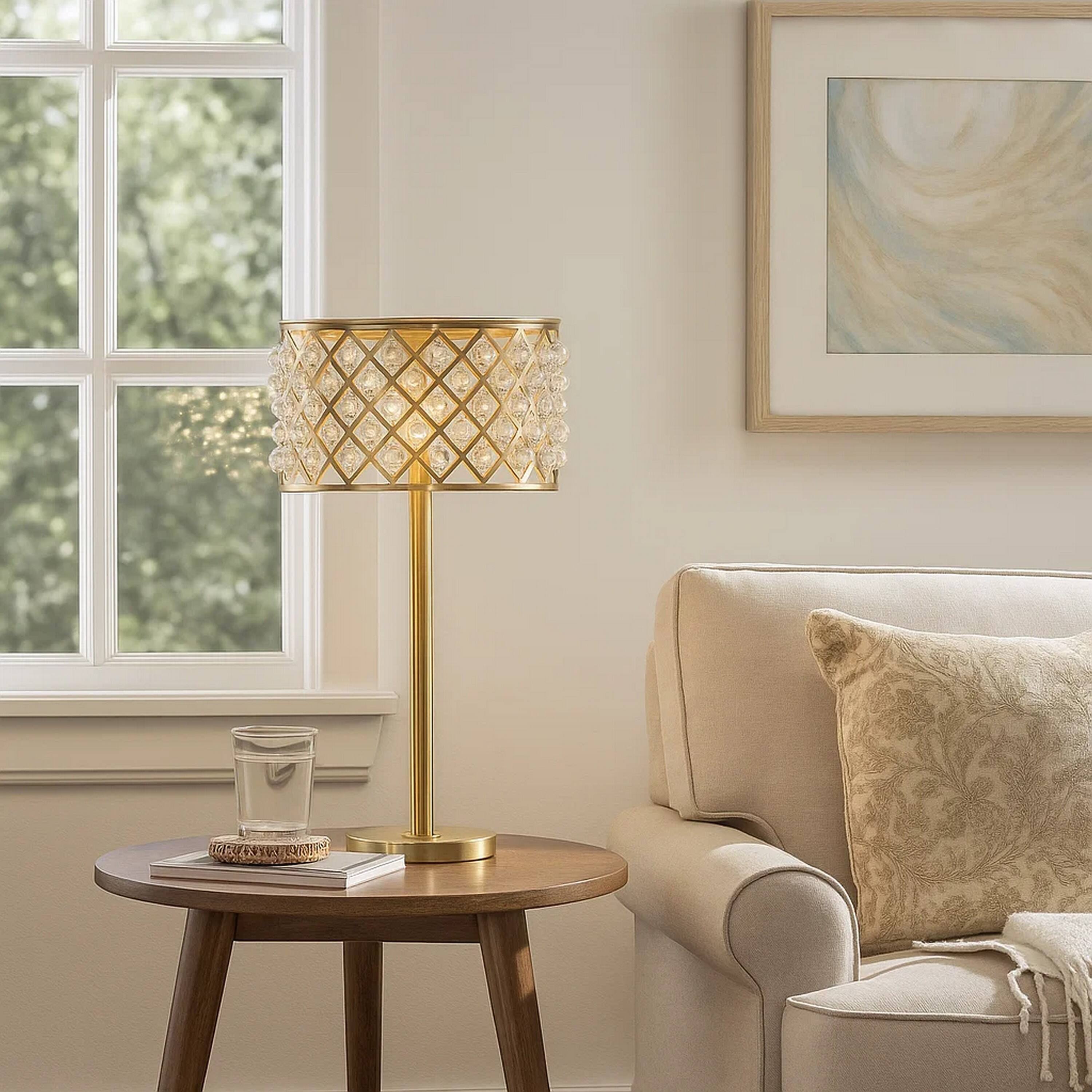Alt View 3. Manhattan Lane - Dany 28 Inch Table Lamp with Crystal Drum Shade, Metal Base - Gold Brass.
