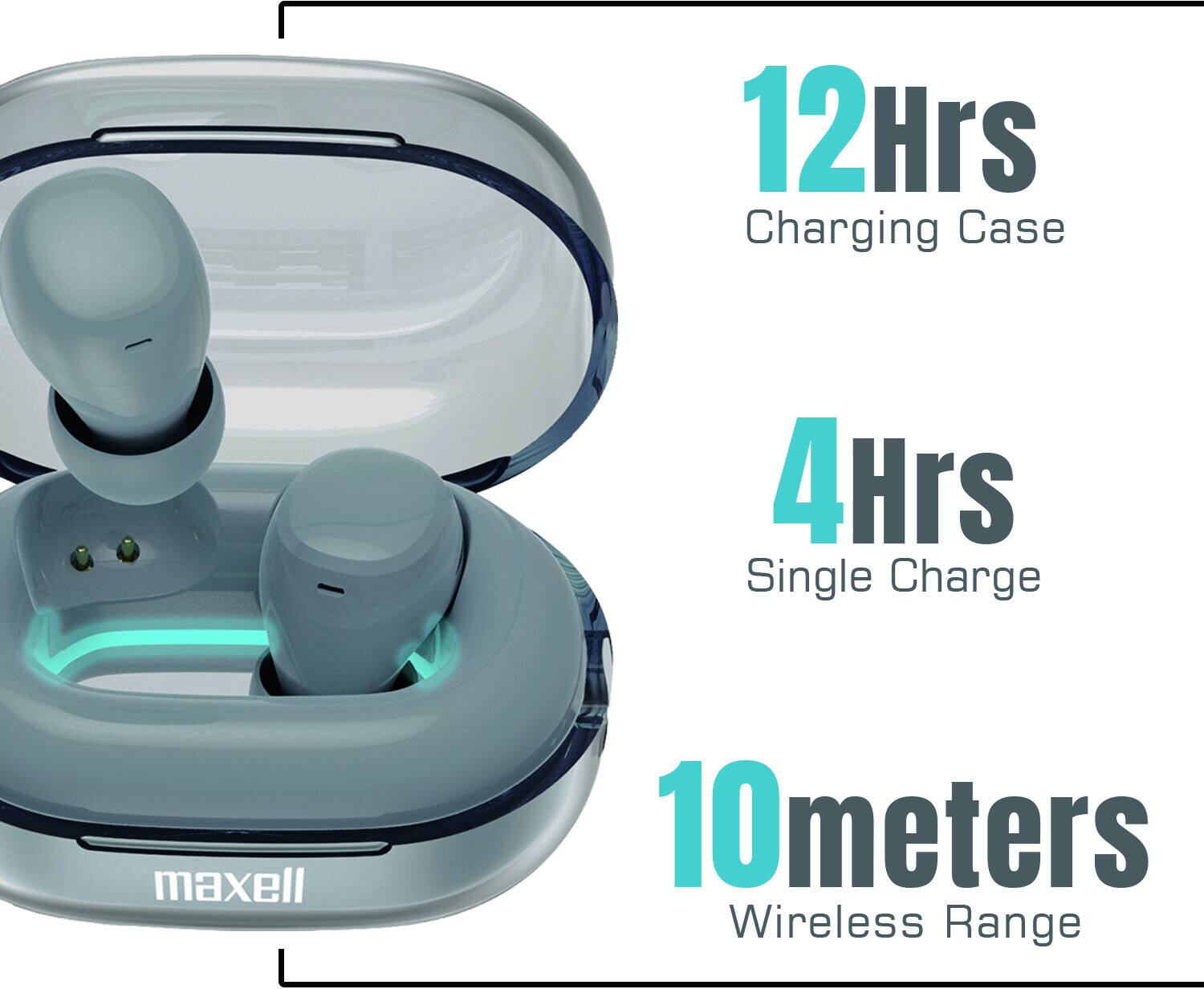 12 Hrs Charging Case  
4 Hrs Single Charge  
10 meters Wireless Range