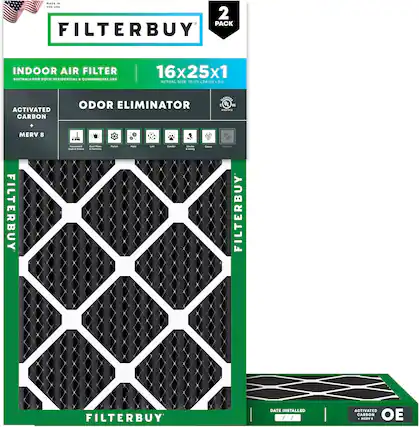 FILTERBUY 2 PACK INDOOR AIR FILTER SUITABLE FOR BOTH RESIDENTIAL & COMMERCIAL USE 16x25x1 ACTUAL SIZE: 15-1/2 x 24-1/2 x 3/4 ACTIVATED CARBON ODOR ELIMINATOR MERV 8 FILTERBUY FILTERBUY DATE INSTALLED ACTIVATED CARBON MERV 1 OE