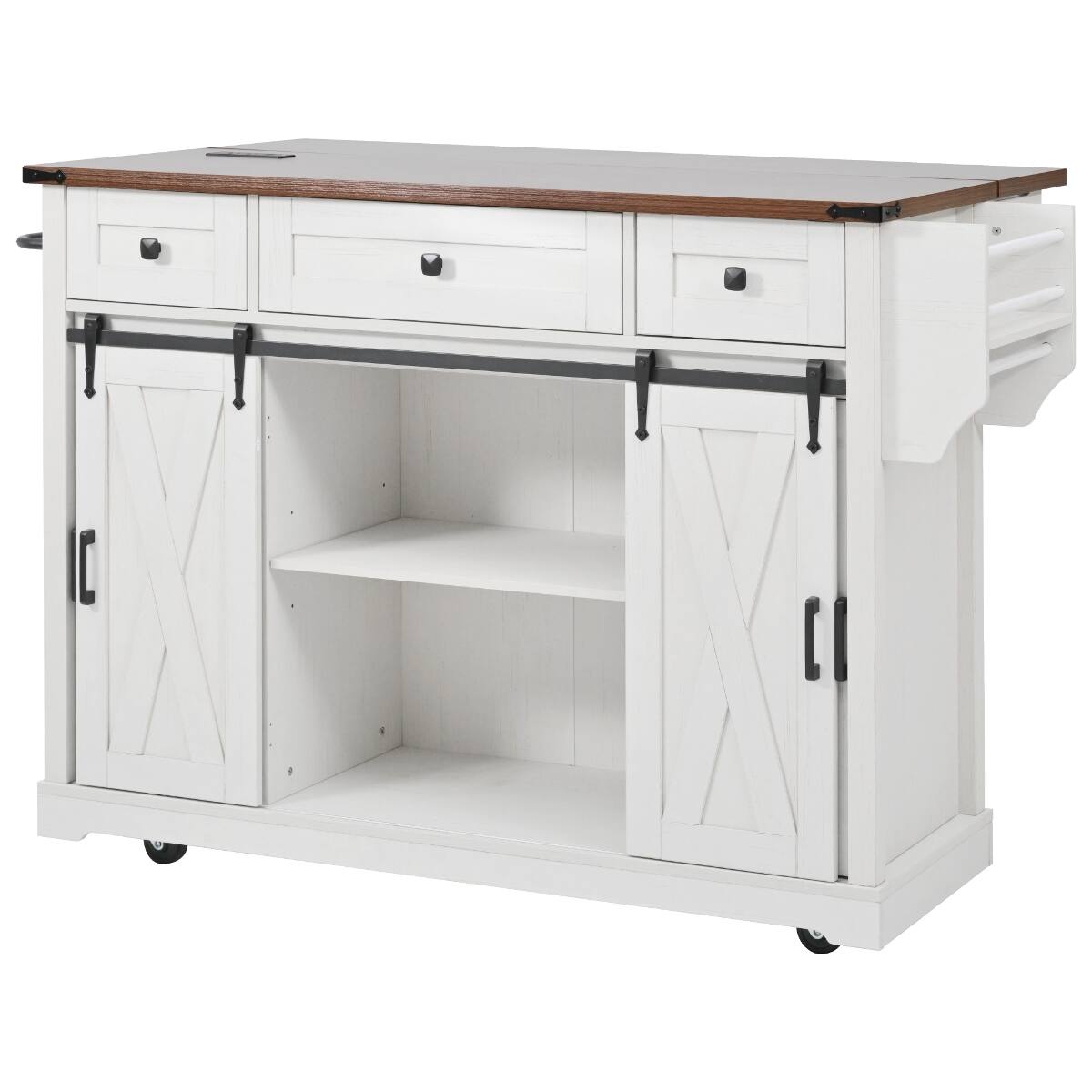 Alt View 3. Loheer - Loheer 58 inch farmhouse kitchen island with drop leaf, rolling kitchen island with storage, White - White.