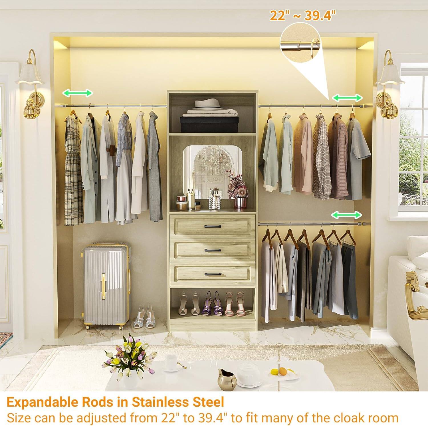 22" ~ 39.4" Expandable Rods in Stainless Steel  
Size can be adjusted from 22" to 39.4" to fit many of the cloak room